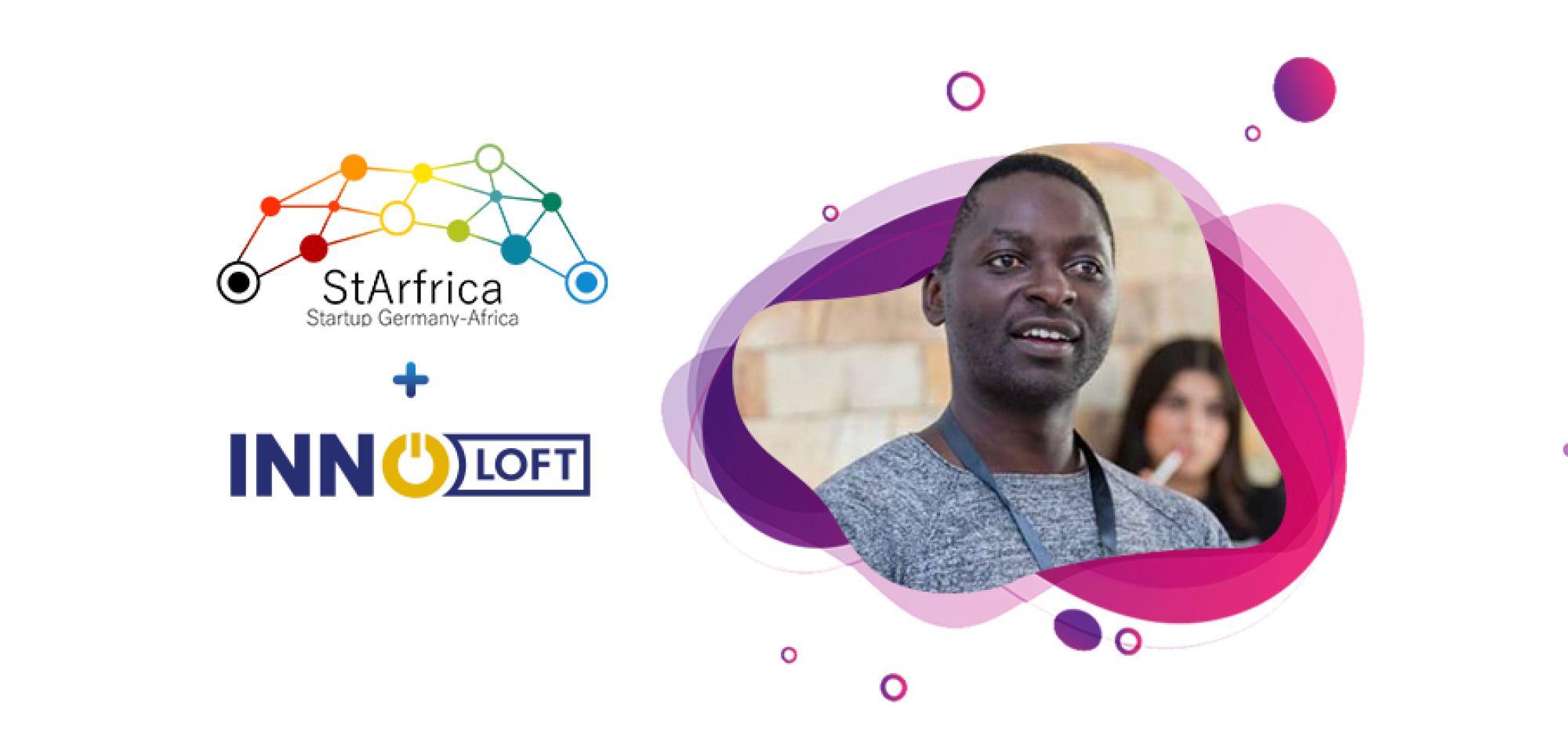 StAfrica and Innoloft logos together with a picture of Materne Mateso Lumiere, a key player in StAfrica community development.