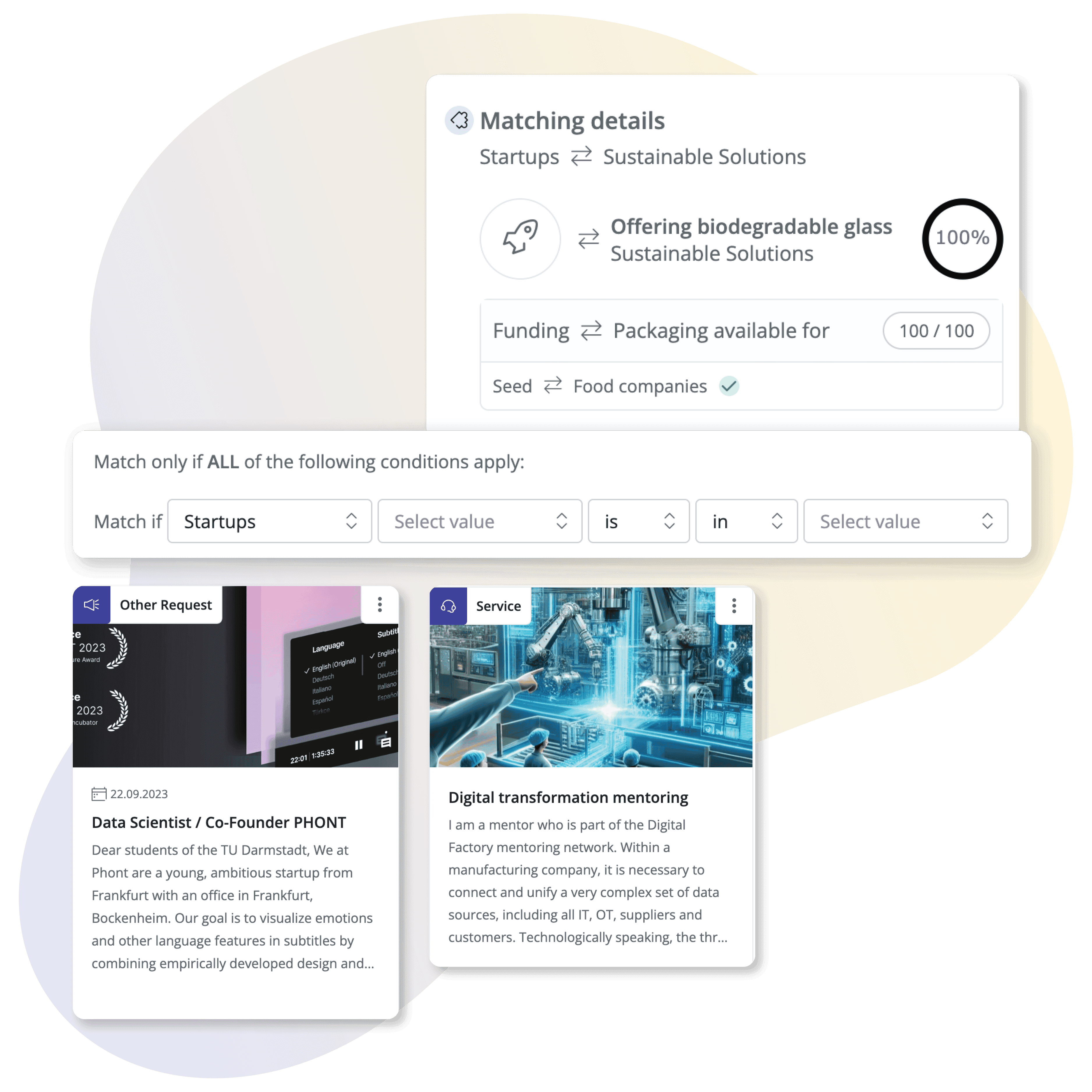 Screenshot of Matchmaking and Requests Modules features for streamlined university entrepreneurship