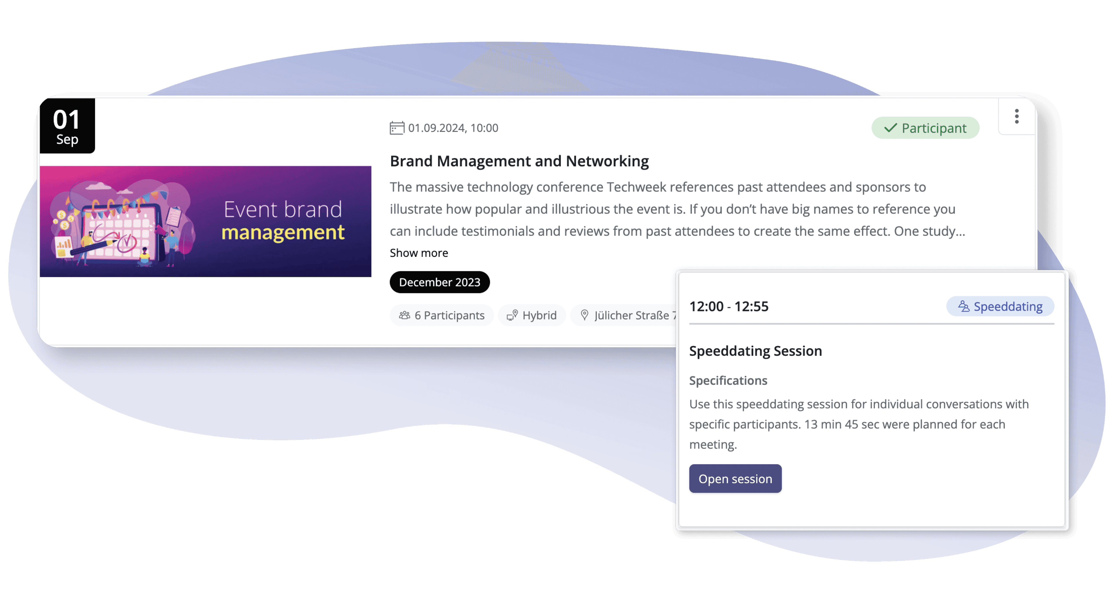 Screenshot of Events module and speed dating sessions to foster an thriving online community.