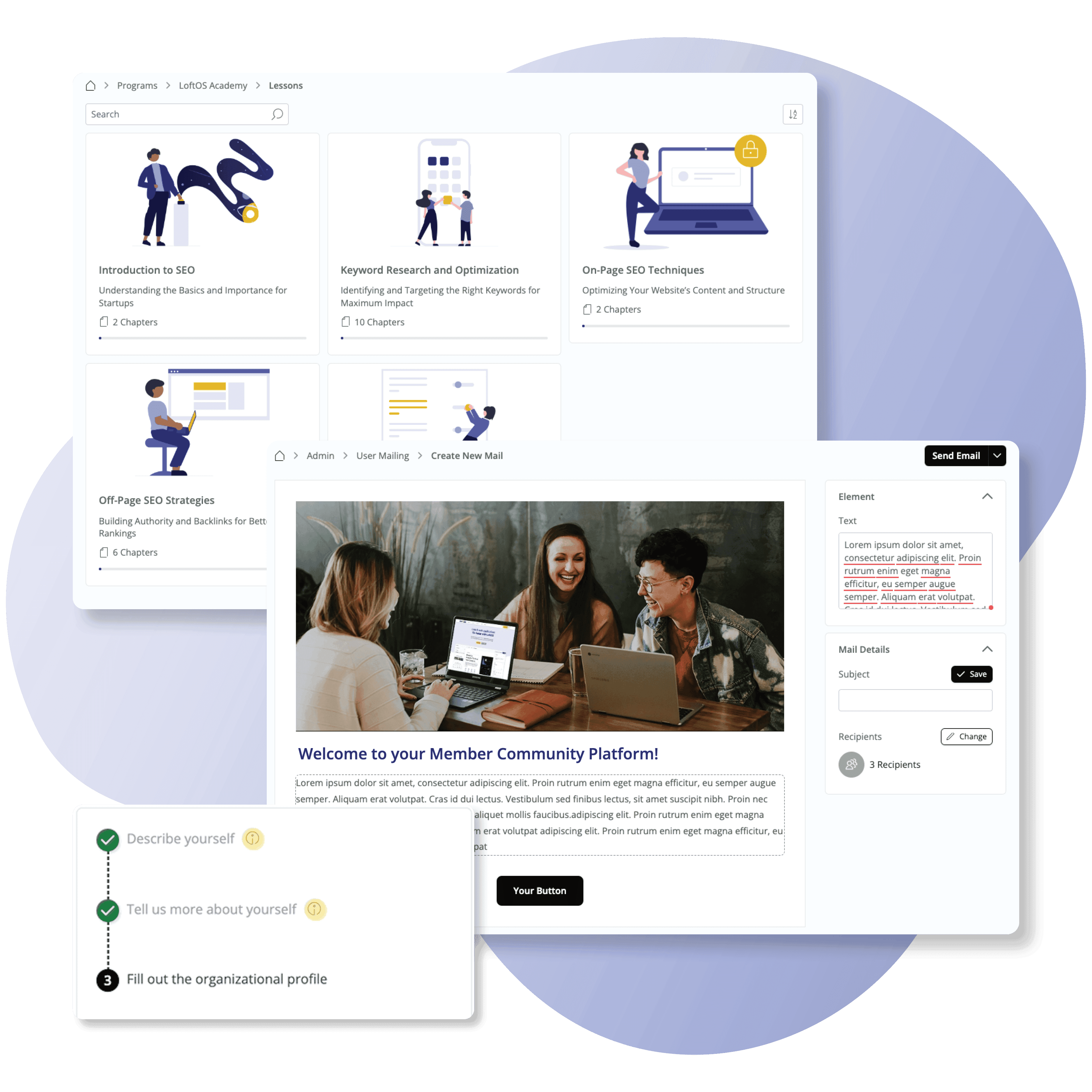 Screenshot of Programs, User Mailng, Onboarding features that create the ideal member community software
