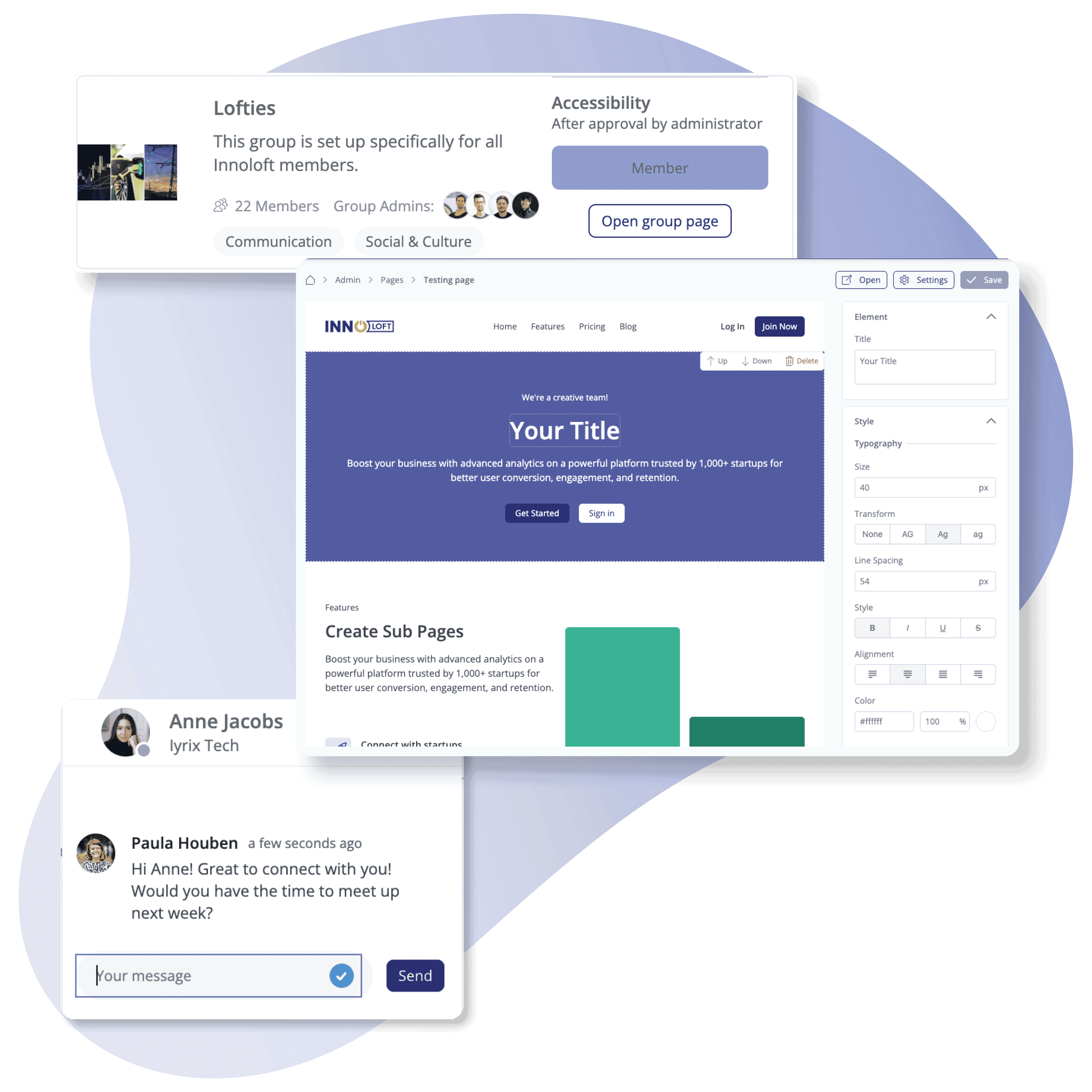Screenshot of Groups, Pages and Chat features to create an engaged member community