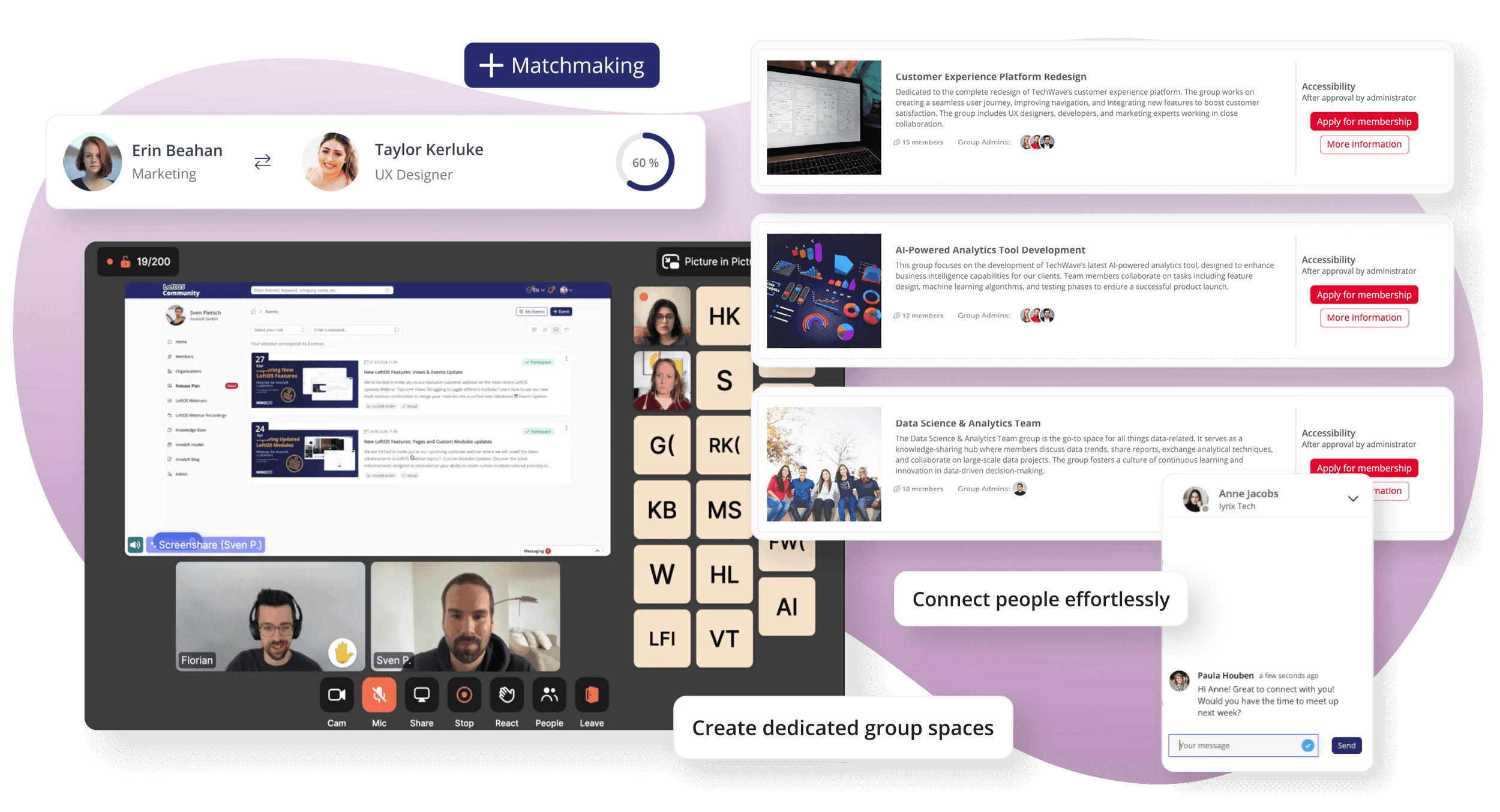 screenshot of loftos features to create an interconnected intranet software with smart matchmaking system, video tools and topic based groups for all your workforce needs