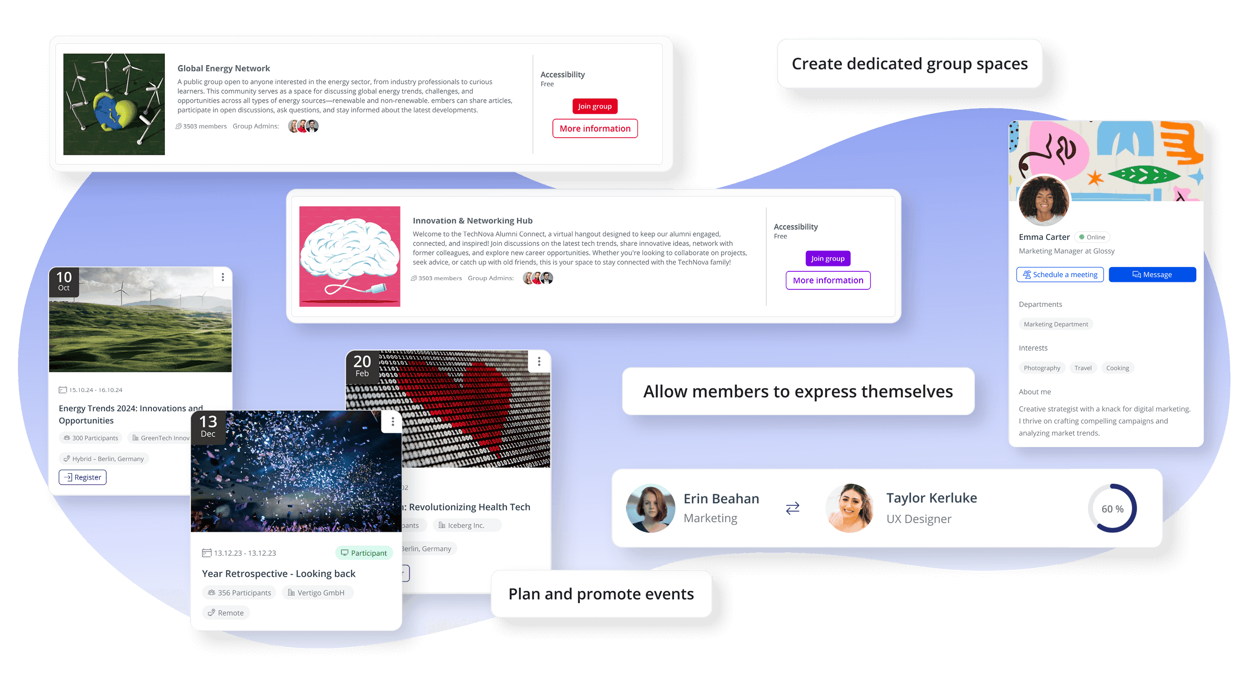 screenshot of loftos community features like groups and events that allow you to create a thriving matchmaking platform 