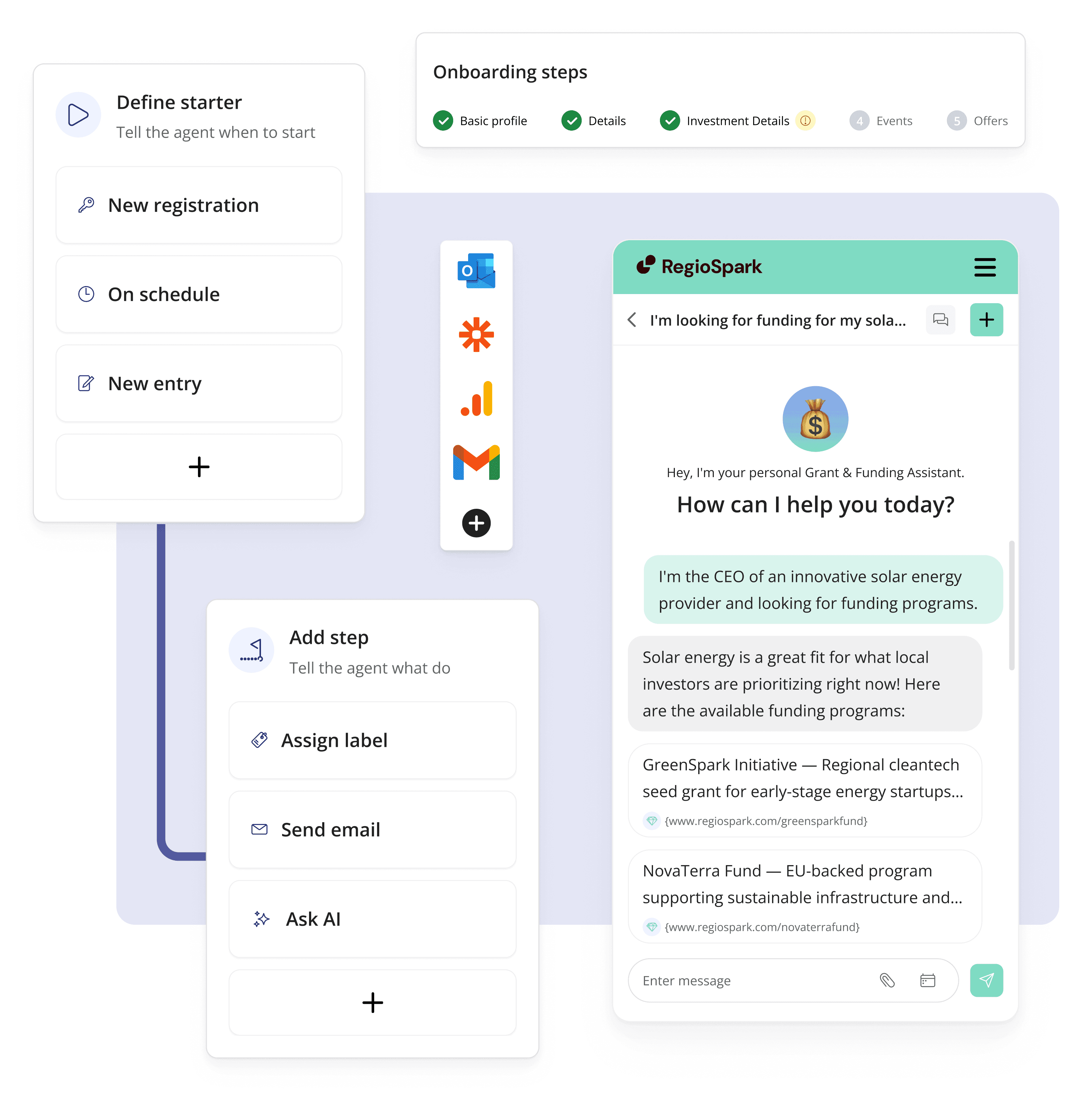 LoftOS automation builder with an AI assistant chat and onboarding checklist running in the background