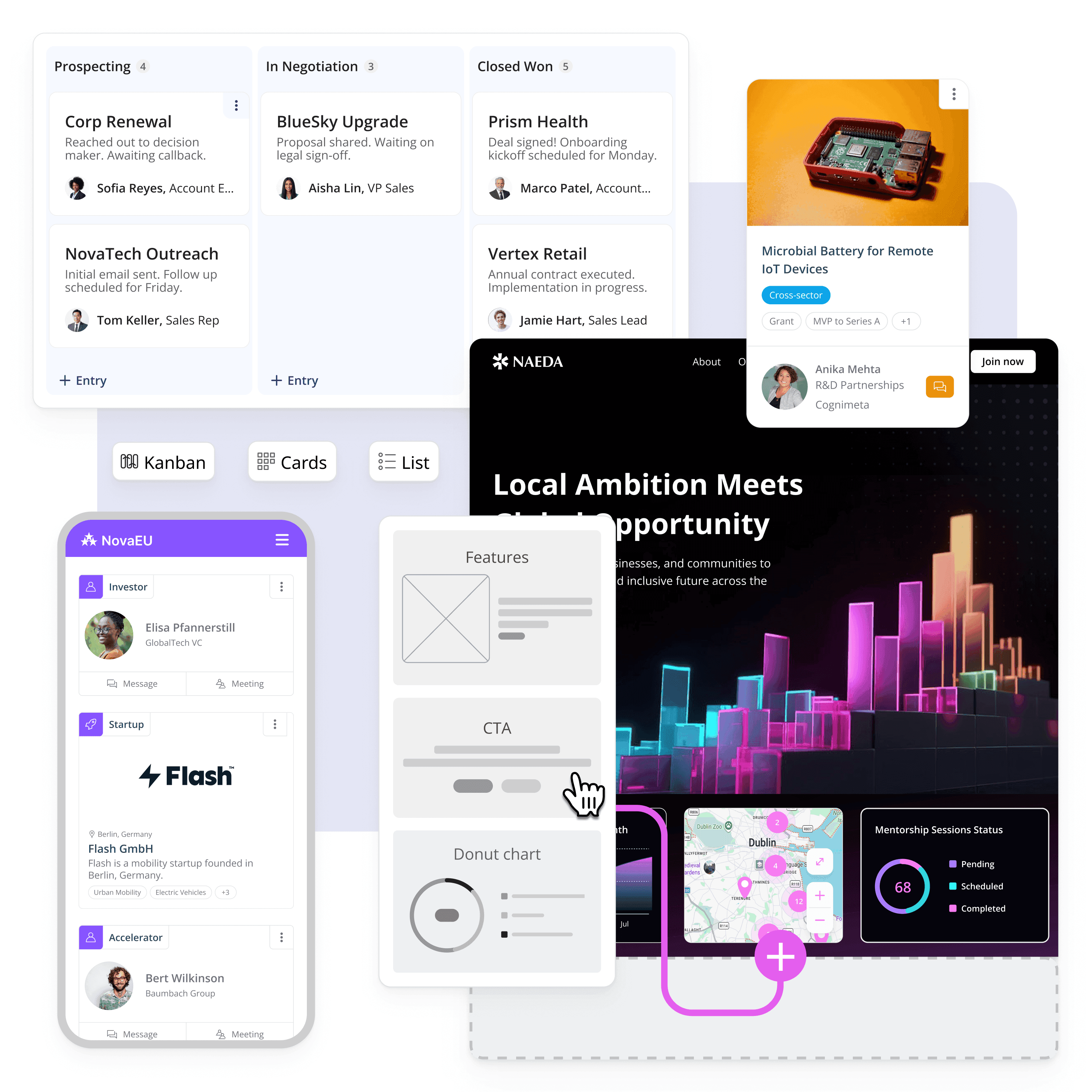 LoftOS platform builder showing custom modules, pages, and organization profiles being configured