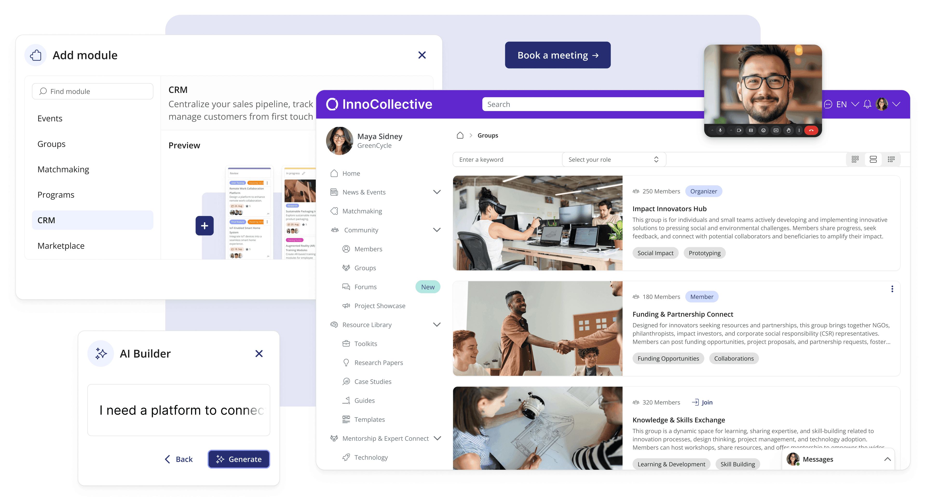 LoftOS "Add module" panel next to an AI builder chat setting up a live community platform