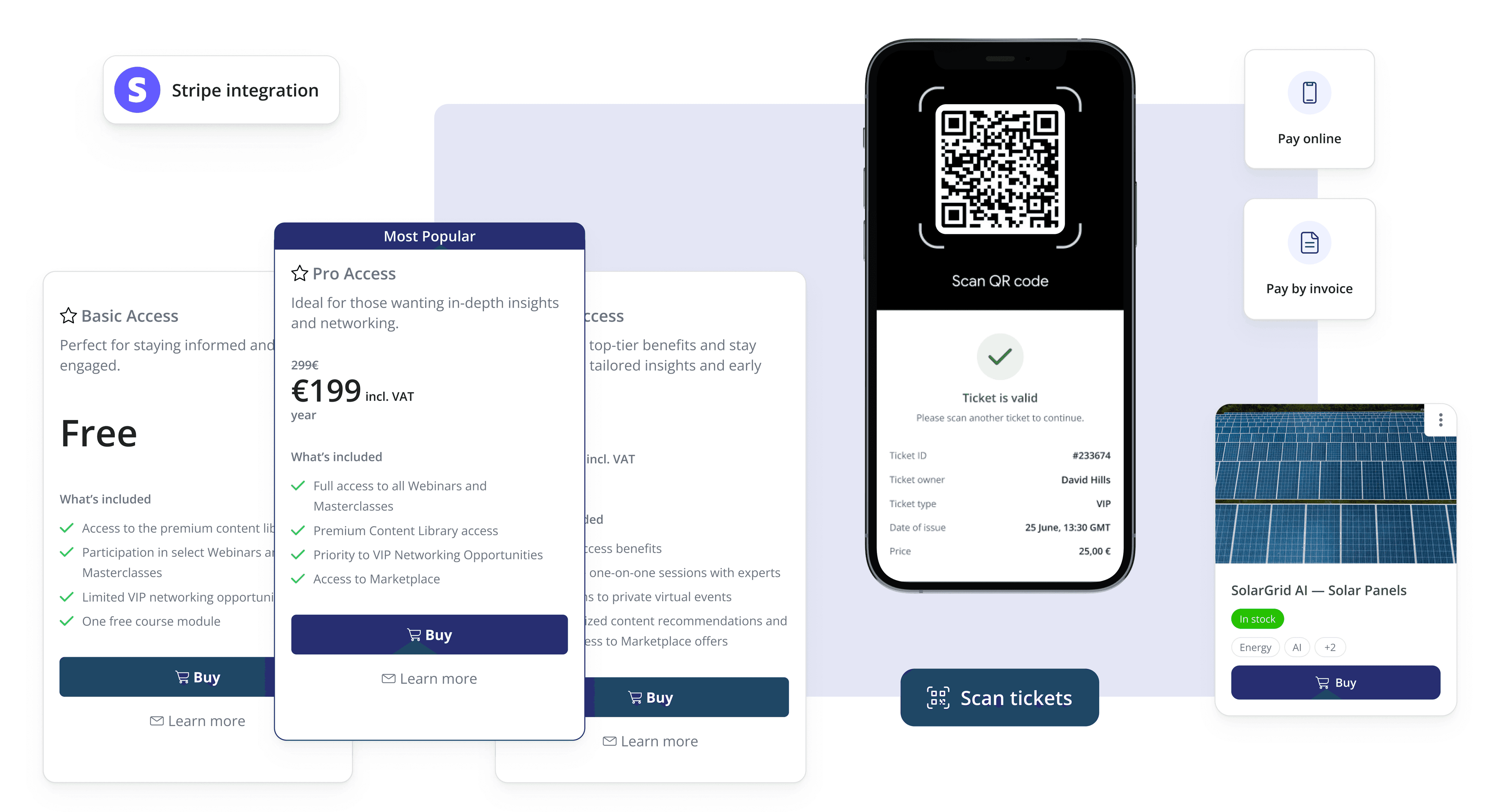 LoftOS membership and ticketing setup showing pricing tiers and payment options